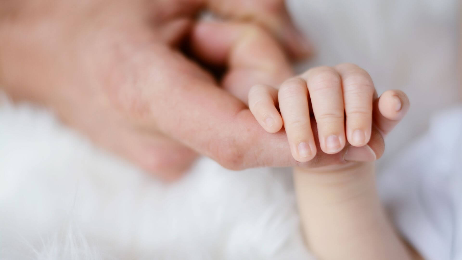 A close-up of an adult's hand gently holding a baby's hand